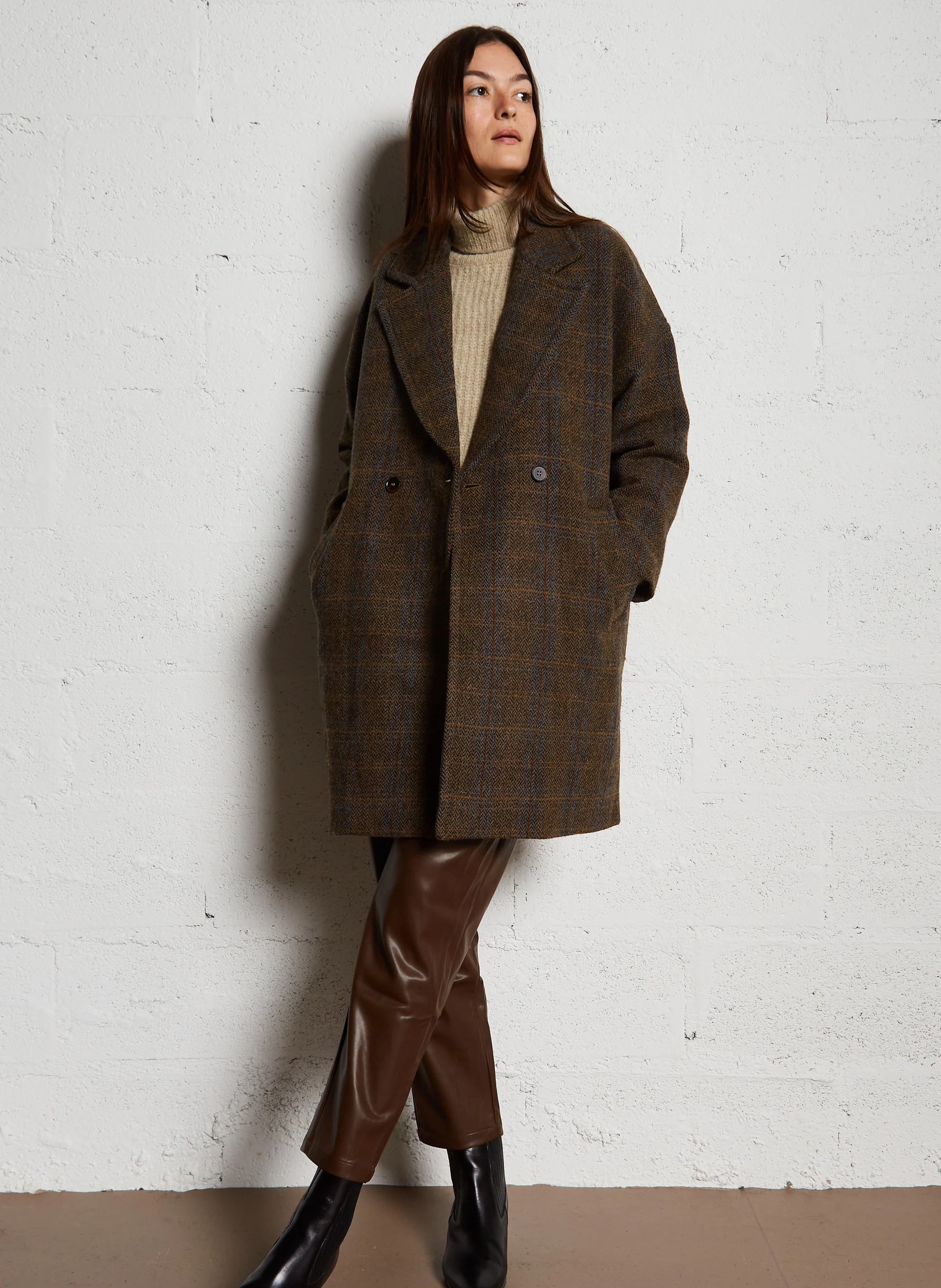 Manteau ample à carreaux en laine | Gris