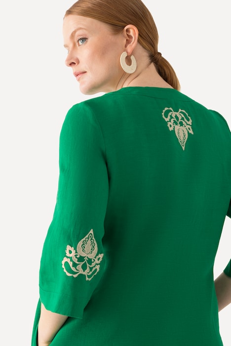 Leinen-Maxikleid, Stickerei, Tunika-Ausschnitt, 3/4-Arm