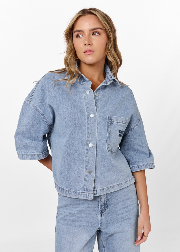 Denim blouse korte mouw vintage blauw