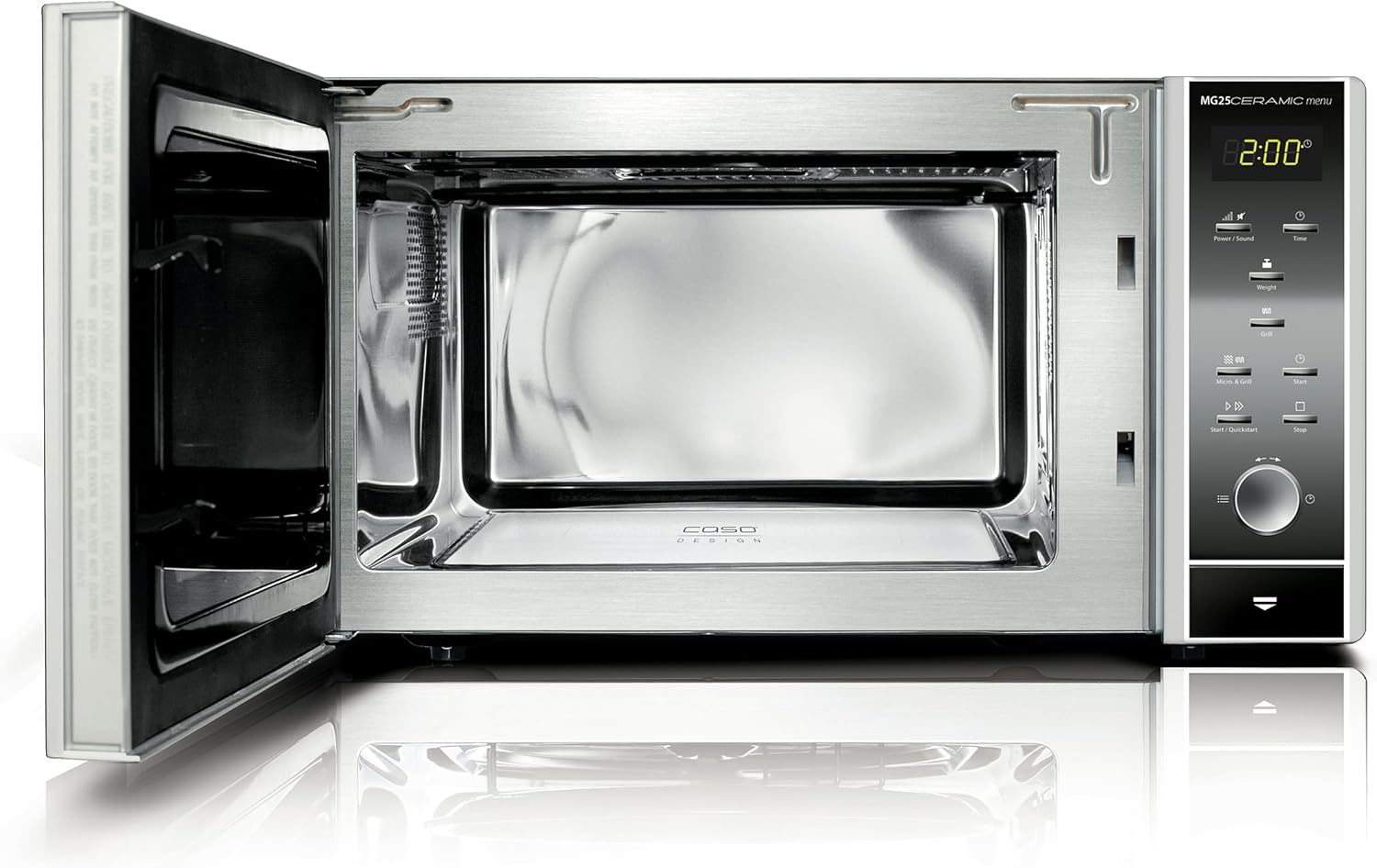 CASO MG 25 Ceramic Menu Mikrowelle mit Grill, 900 W Mikrowelle, 1000 W Quarz-Grill, 25 L Edelstahl-Innenraum, Borosilikatglasboden, 10 Leistungsstufen, 10 Kochprogramme, Timer, Sound On/Off