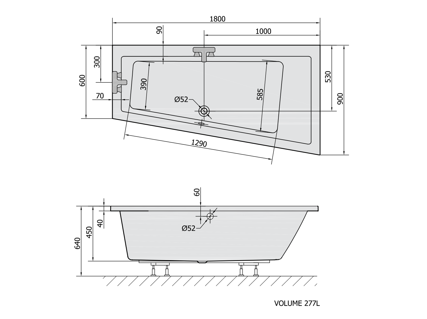 Polysan Andra asymmetrisch bad rechts 170x90x45cm mat zwart