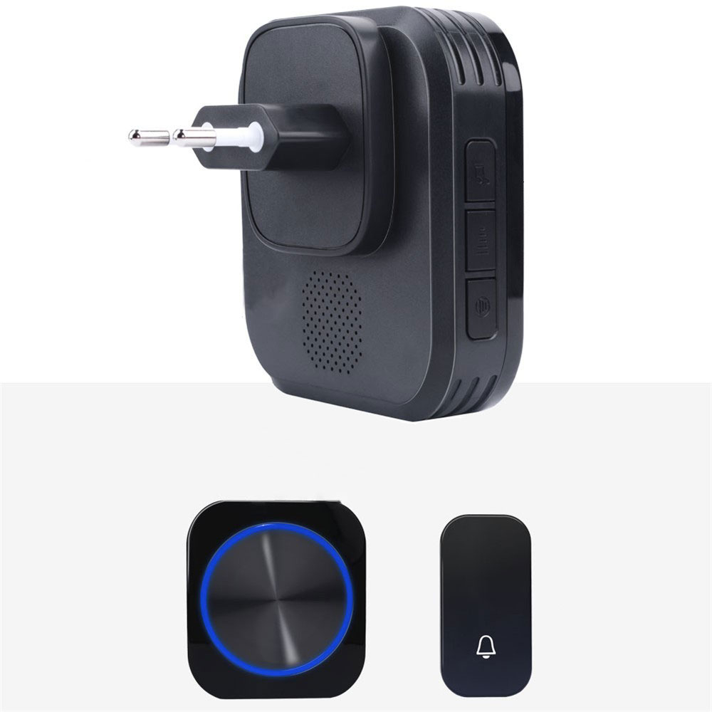 (2er Set) Funk Türklingel IP55 mit LED Beleuchtung 150m Reichweite mit 2 Empfängern (EU Stecker)   58 Klingeltönen - Schwarz