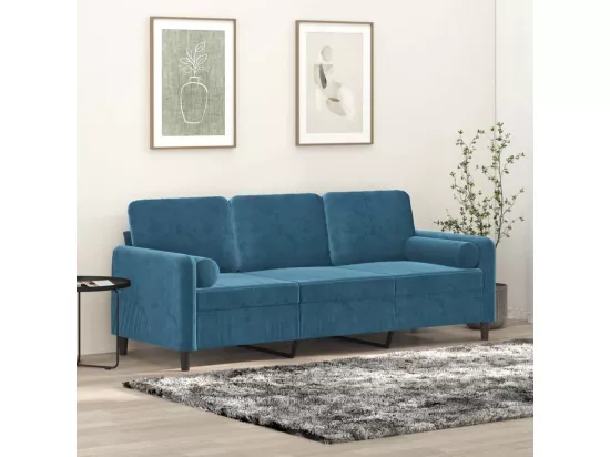 Canapé 3 places avec oreillers décoratifs bleu 180 cm velours