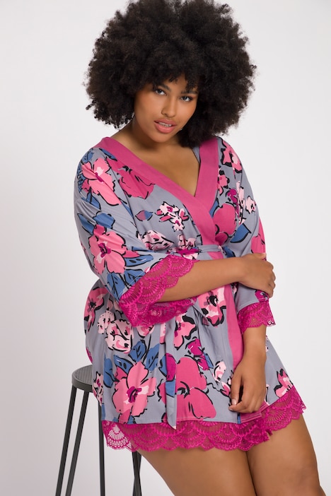 Morgenmantel, Blüten, V-Ausschnitt, 3/4-Arm, Kimono
