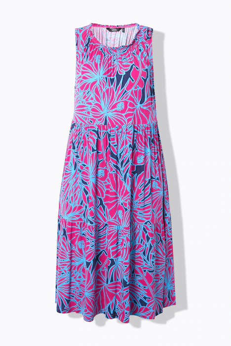 Jersey-Midikleid, Blüten, gekräuselter Rundhals, ärmellos, helles erika