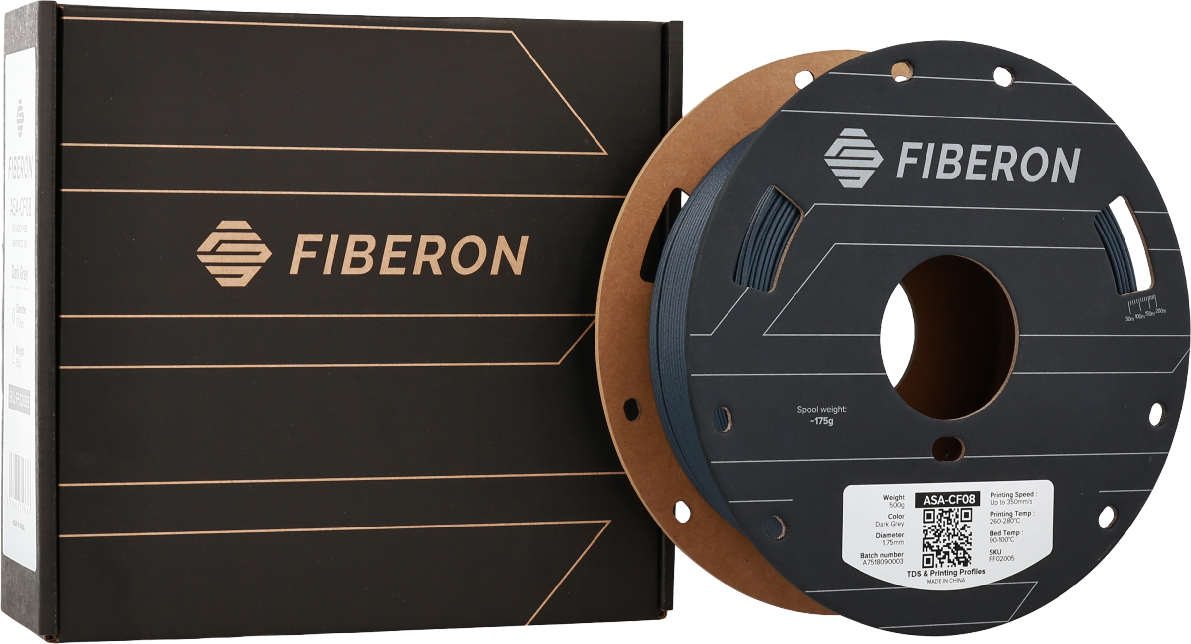 Polymaker  Fiberon™ ASA-CF08 Dark Grey, 1,75 mm / 500 g    Carbonfaserverstärktes ASA Filament für robuste Anwendungen in Dark Grey