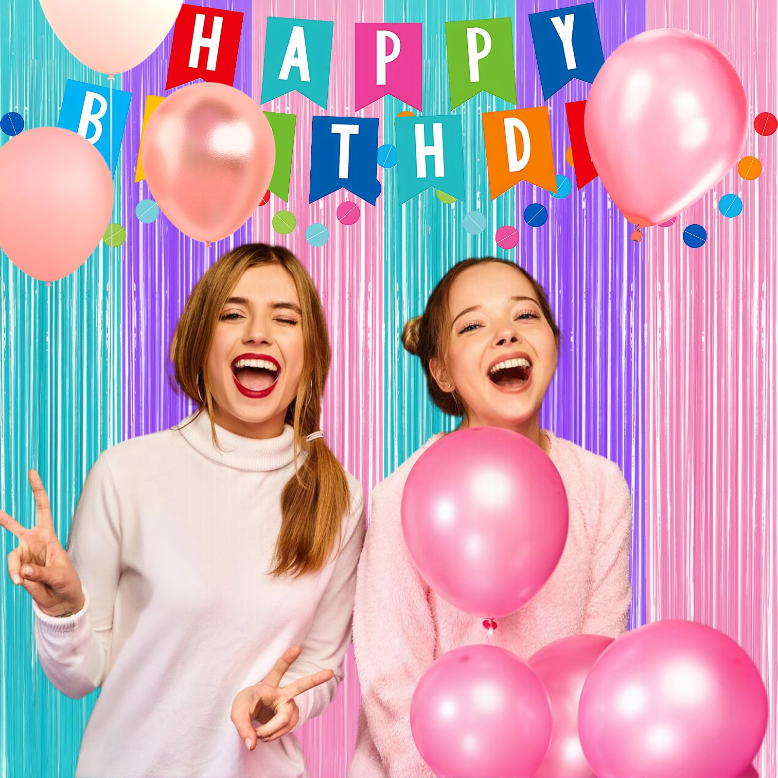 (2er Set) 2x1m Party Deko Lametta Glänzender Fransen Vorhang Dekoration Foto Hintergrund - Rosa / Violett / Grün