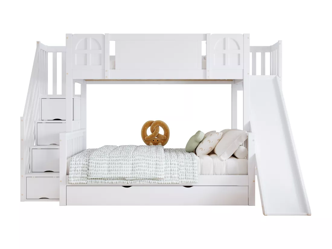 Lit superposé enfant 90x200 cm - avec fenêtre - avec toboggan enfant - tiroirs sur roulettes - escalier avec rampes - bois massif + MDF - blanc (sans matelas)