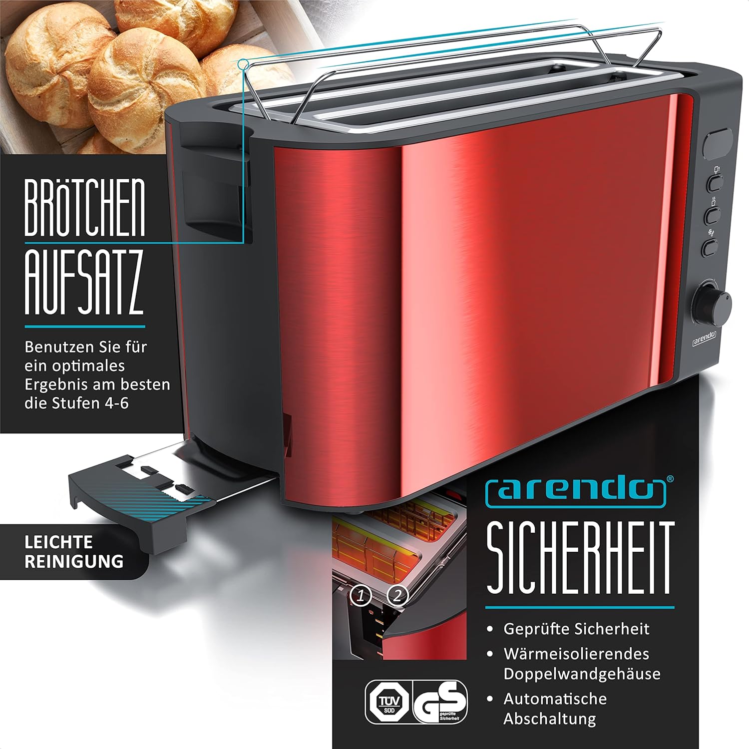 Arendo - Wasserkocher mit Toaster SET Edelstahl Rot, Wasserkocher 1,5L, 40° 100°C Warmhaltefunktion Toaster 4 Scheiben LED-Display 6 Bräunungsgrade Brötchaufsatz