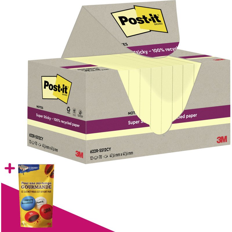 Notes repositionnables recyclées jaunes pastel Super Sticky Post-it - bloc de 70 feuilles = Pour l'achat notes repositionnables, 1 sachet de M&M OFFERT