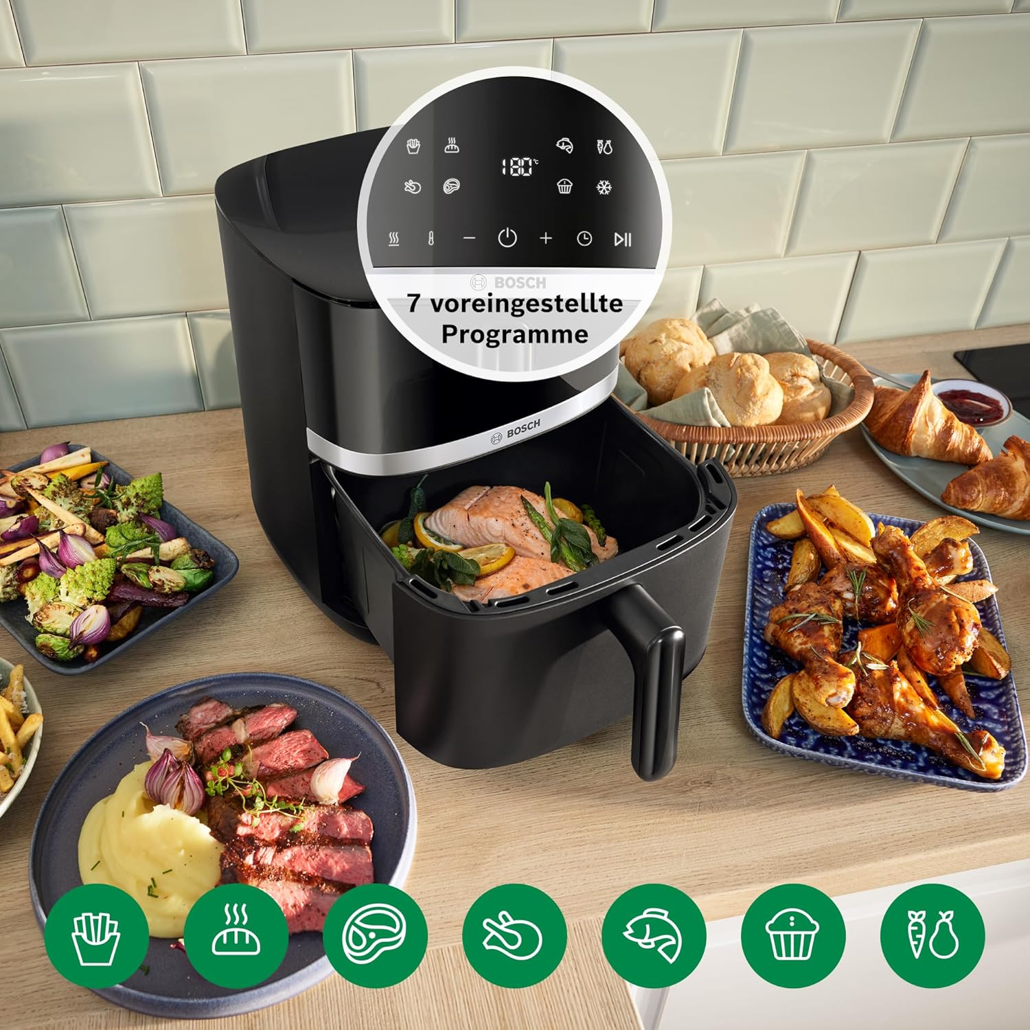 Bosch Heißluftfritteuse Serie 4, XL Air Fryer, schwarz, 6,1 L Fassungsvermögen, 7 Voreinstellungen, Auftau- und Warmhaltefunktion, Touchscreen, bis zu 60% schnelleres Kochen, MAF462B0
