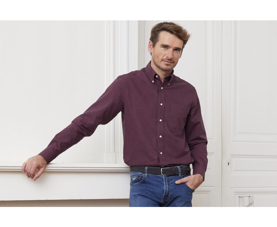 Chemise flanelle rouge sombre à petits carreaux navy - BRODY