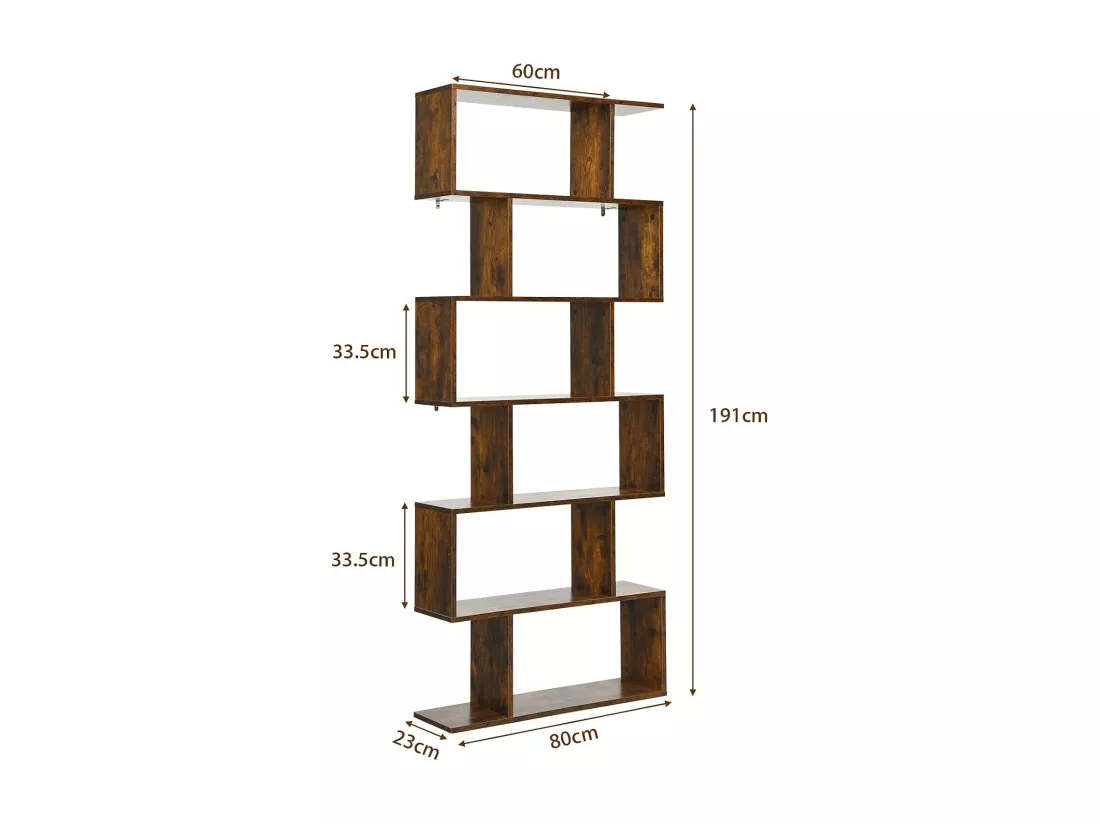 Bibliothèque Industriel en Forme de S, Étagère à 6 Niveaux, Meuble de Rangement avec Anti-basculement, 80 x 23 x 191 cm, pour Salon, Chambre, Bureau, Marron