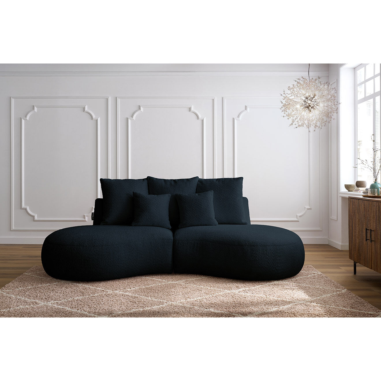 Bobochic Canapé droit fixe 3 places saint-germain tissu bouclette bleu foncé - 260x145x92 cm