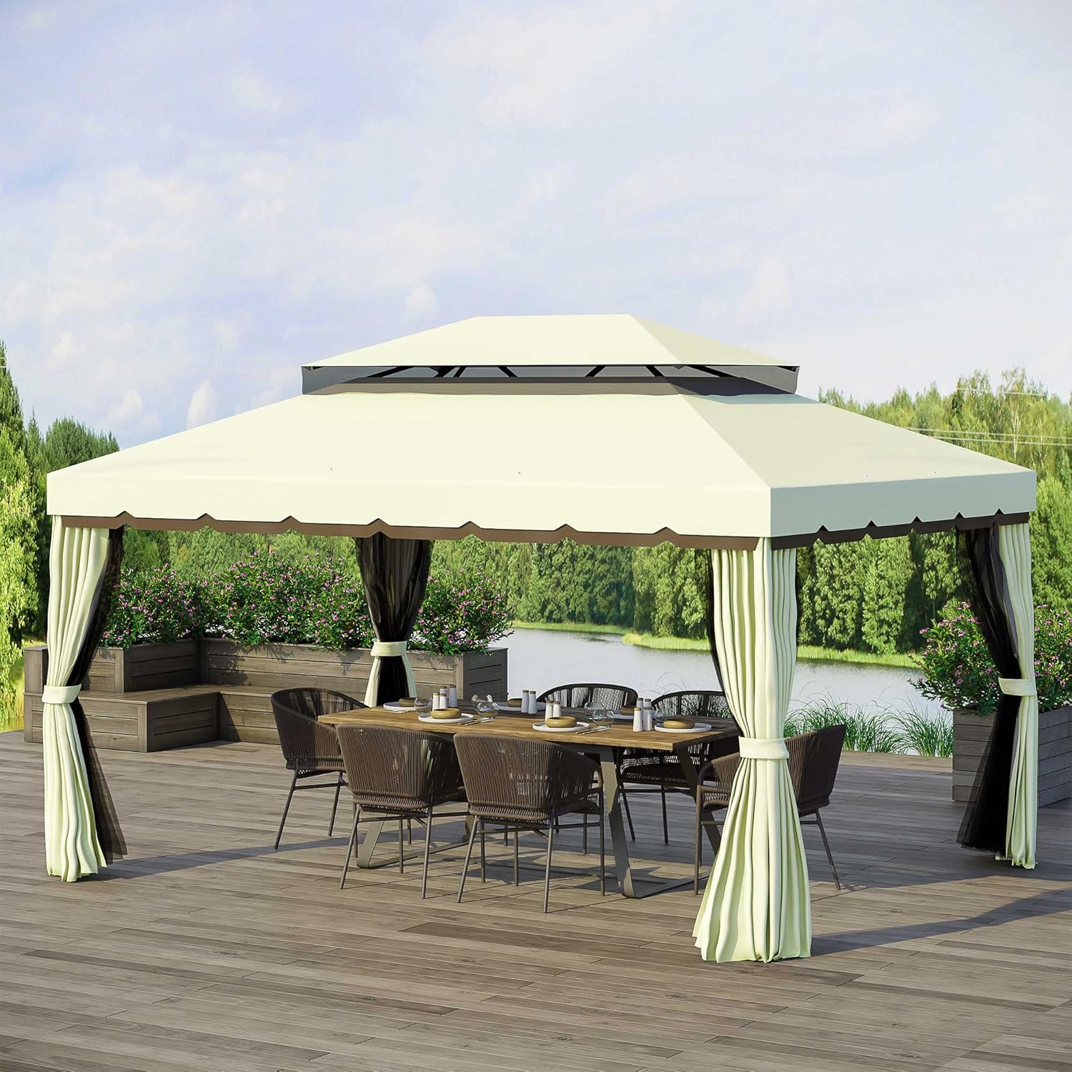 Outsunny Gartenpavillon Pavillon Gartenzelt Festzelt Partyzelt mit 4 x Seitenwand wetterfest Aluminium Polyester Cremeweiß 3,9 x 2,9 x 2,7 m