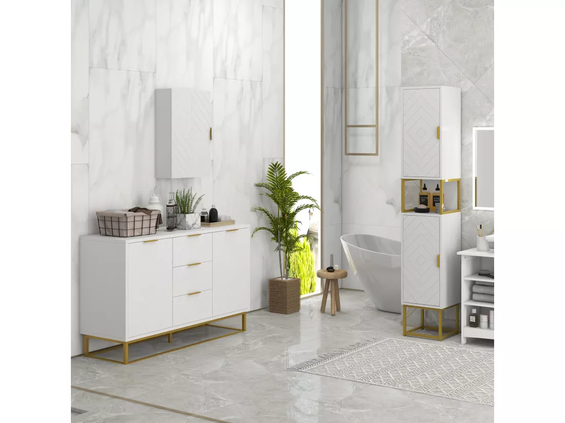 Meuble colonne rangement salle de bain design - 2 portes, 2 étagères, niche - acier doré MDF blanc