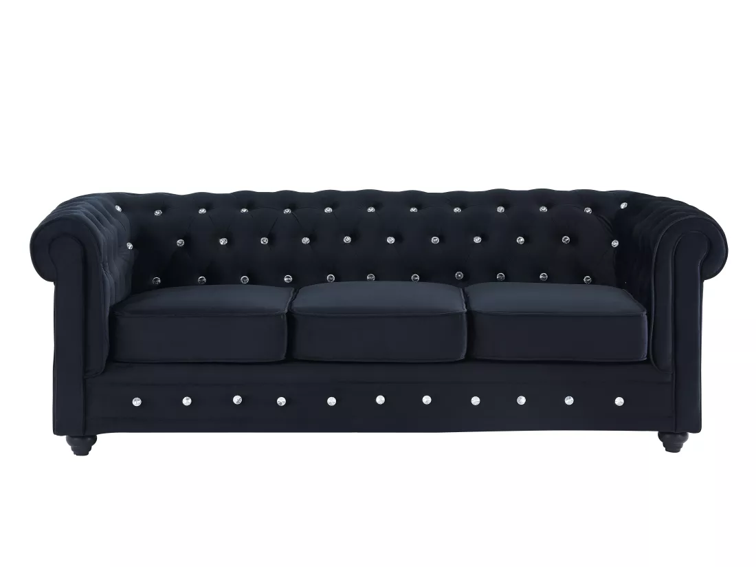 Canapés 3 places et 2 places en velours noir et boutons effet cristal CHESTERFIELD