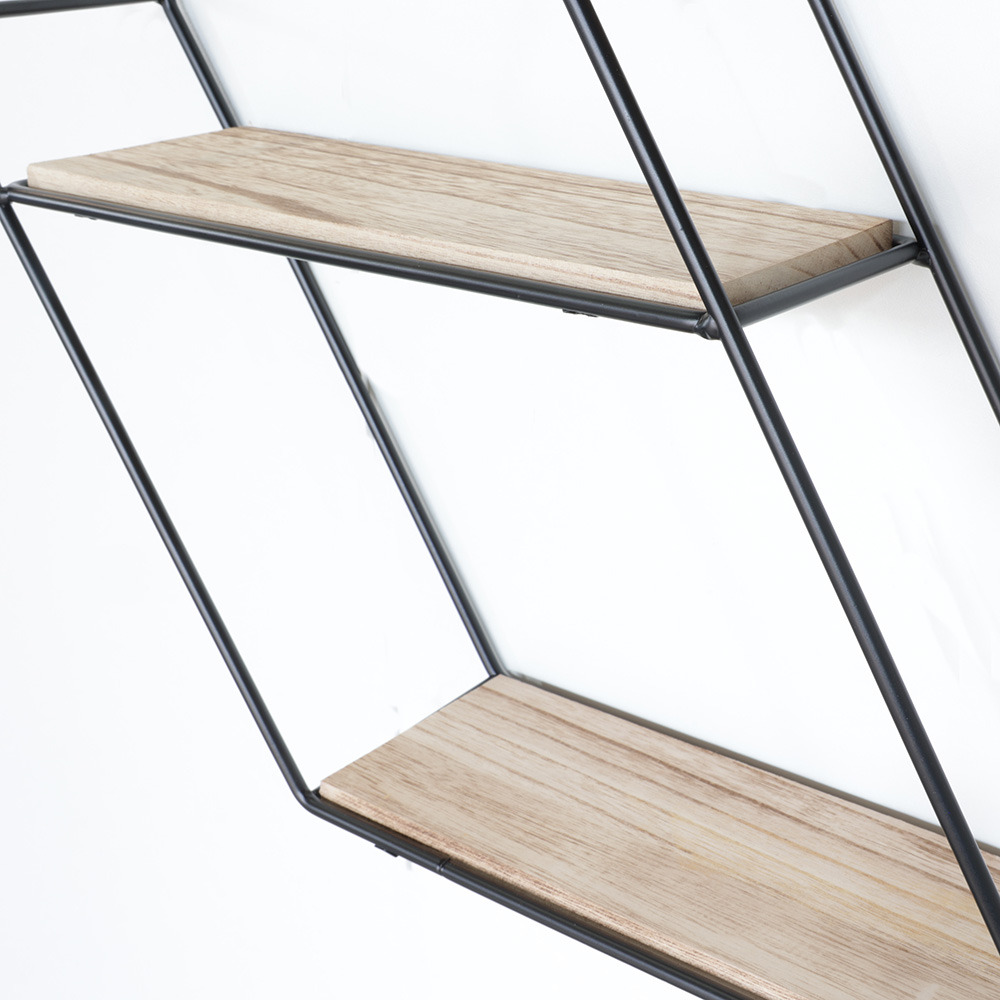 Etagère murale en métal noir 3 étagères en bois - diagonale hexagonale
