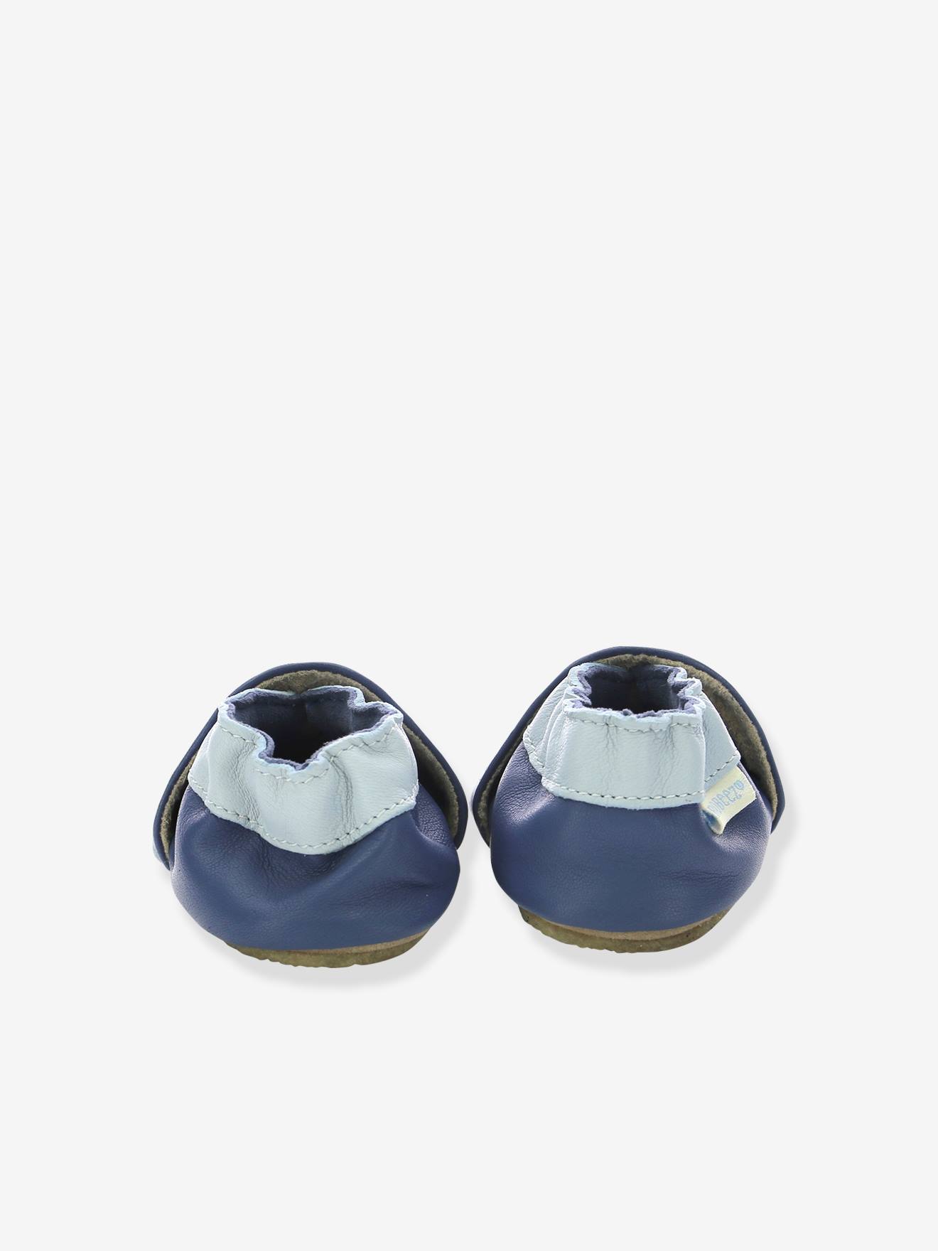 Pantufas de bebê ROBEEZ© Dino Time em couro leve, azul escuro liso com estampas.