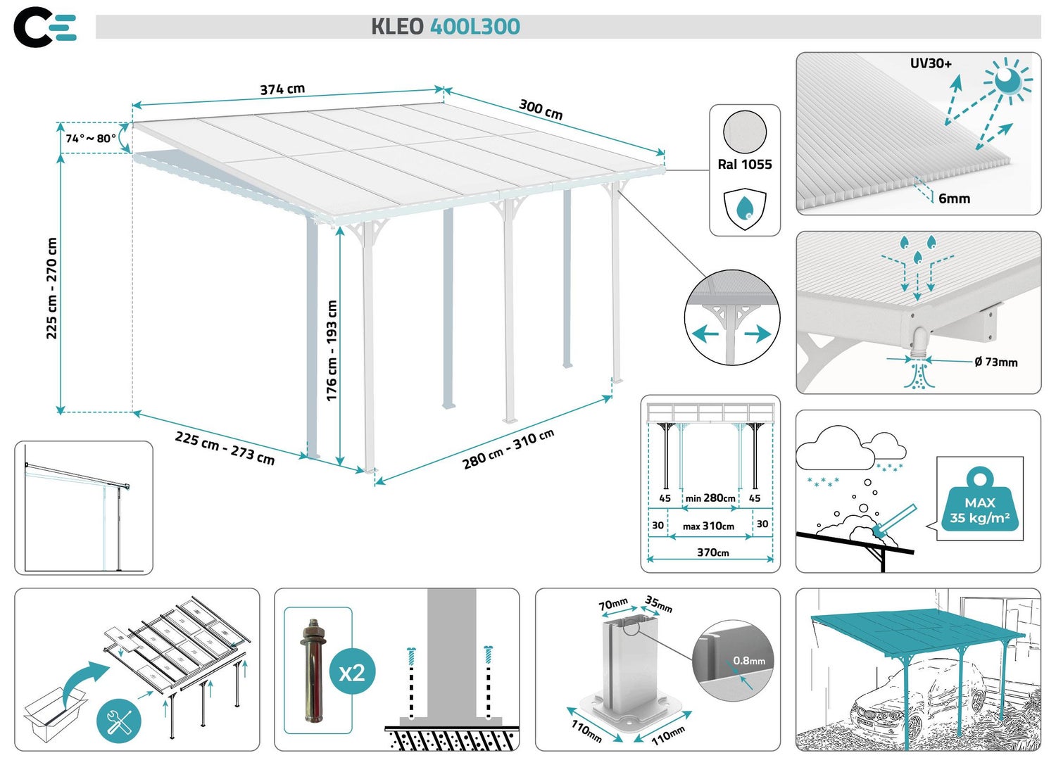 Terrasoverkapping/carport KLEO 400L300 aluminium wit