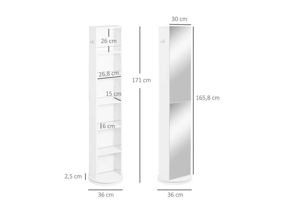 Meuble colonne de salle de bain pivotant avec miroir - 6 étagères - 36L x 36l x 171H cm - blanc