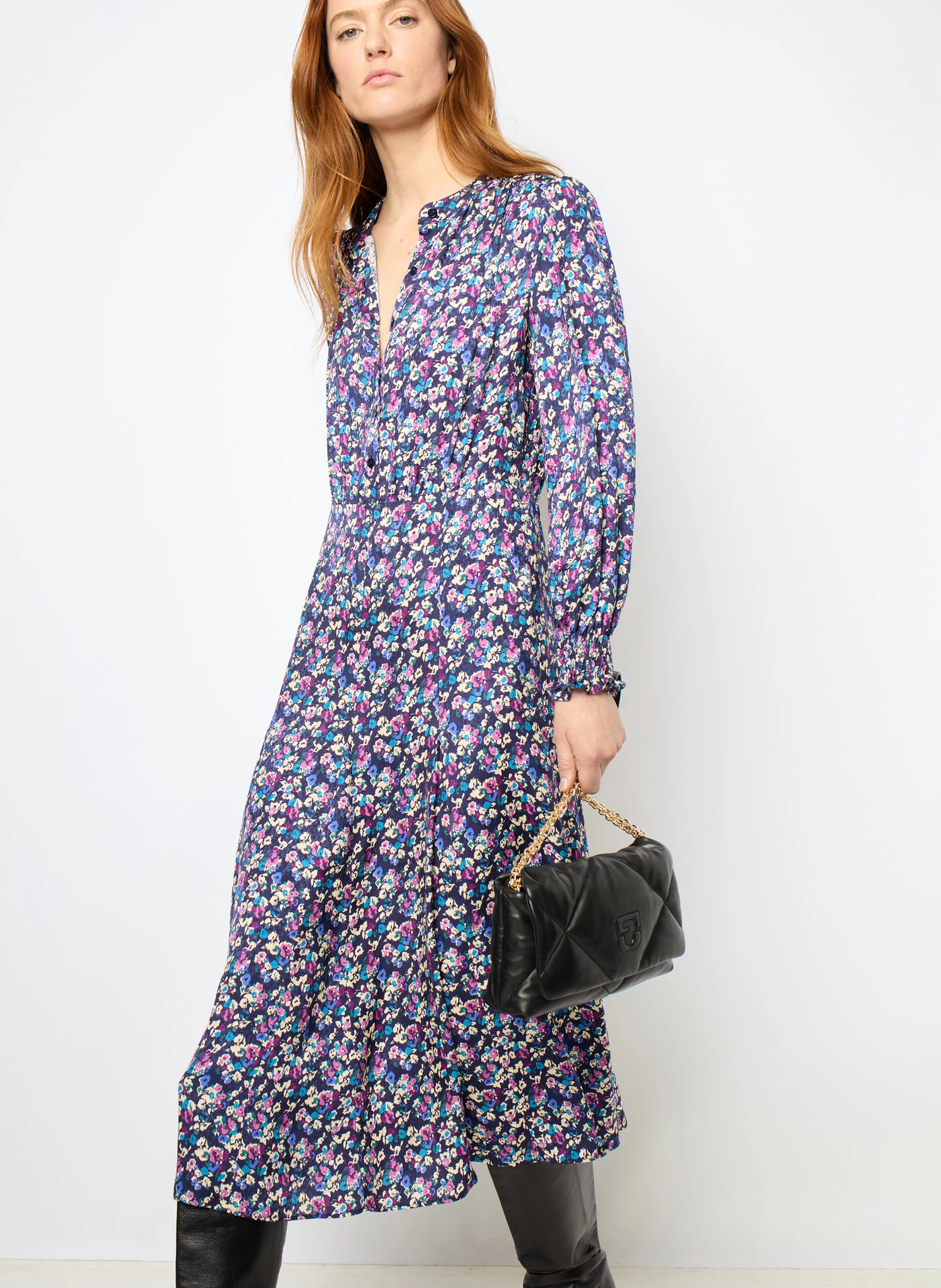 SAMIRA - Robe midi cintrée à col rond | Bleu
