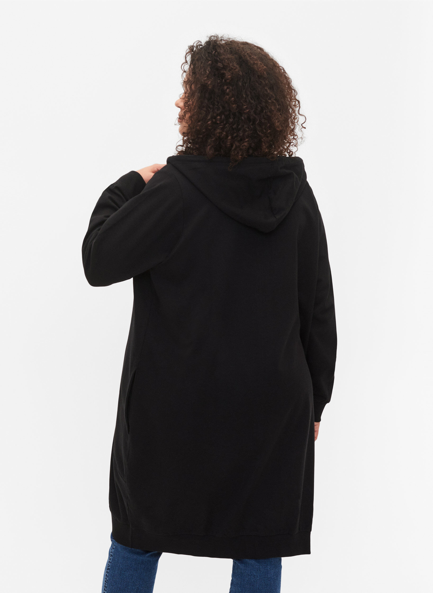 Lang bomulds sweat cardigan med hætte