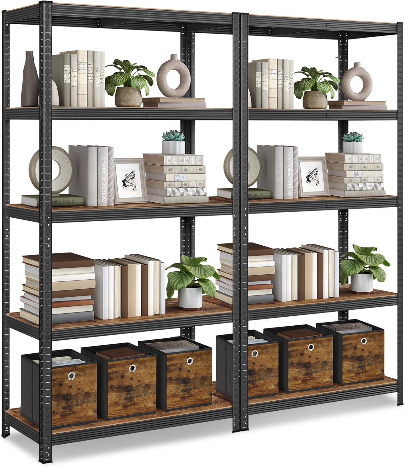 SONGMICS Standregal, 2er Set, Bücherregal, Lagerregal, 5 Ablagen, Küchenregal, Regal, 50 x 100 x 200 cm, bis 600 kg belastbar, verstellbare Ablagen, Industrie-Design, vintagebraun-schwarz GLR050B12