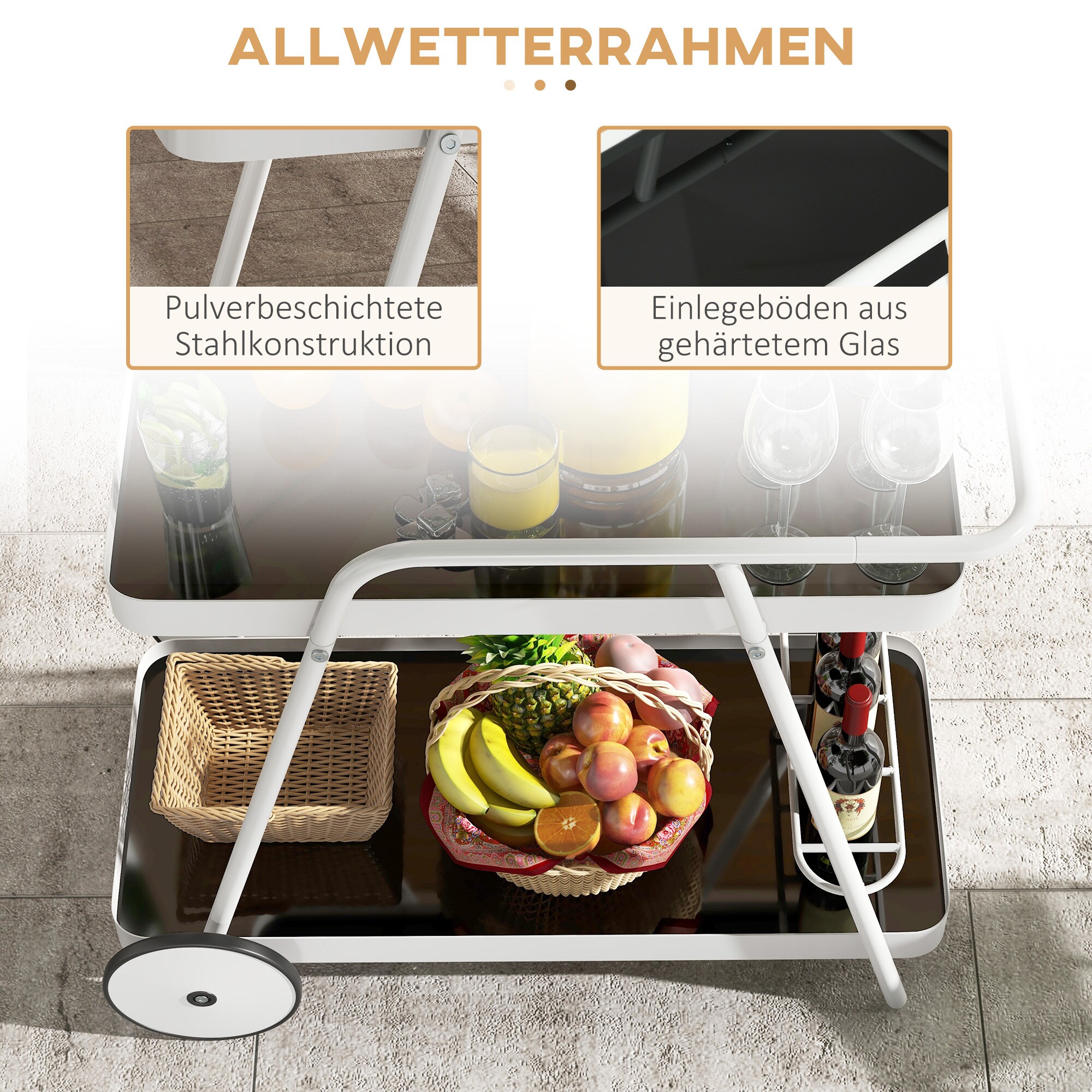 Outsunny Gartenwagen mit 2 Ebenen, Griff und Rollen schwarz, weiß 86,5L x 51B x 78H cm