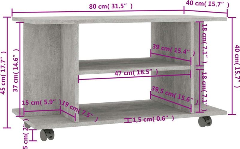 vidaXL Tv-meubel - Betongrijs - Bewerkt Hout - 4 Open Schappen - Met Wieltjes