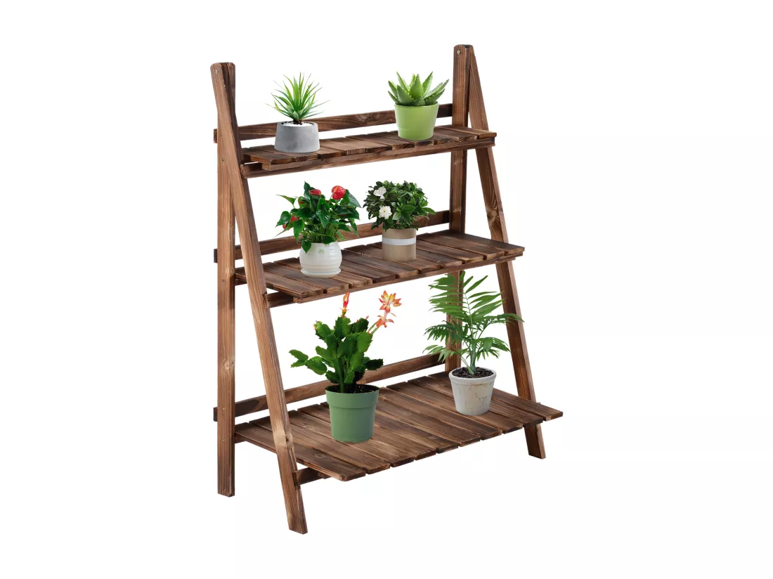 Étagère à plantes forme pyramidale échelle pliante avec 3 étagères - dim. 80L x 37l x 93H cm - bois sapin traité carbonisation