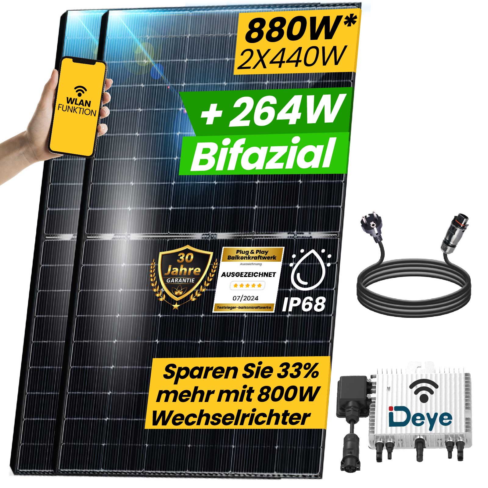 Epp Balkonkraftwerk Komplettset 880W Bifazial | Deye Wechselrichter 800W | Photovoltaik Solaranlage mit 3m stecker