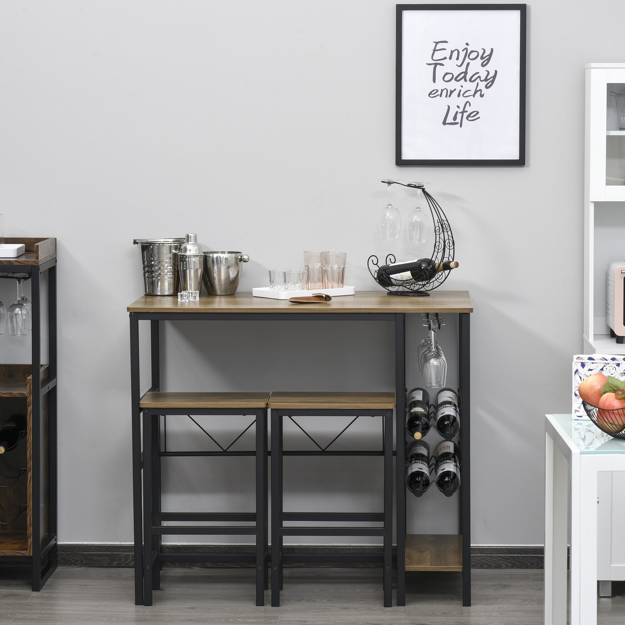 HOMCOM Bartisch-Set mit 2 Barhockern natur, schwarz