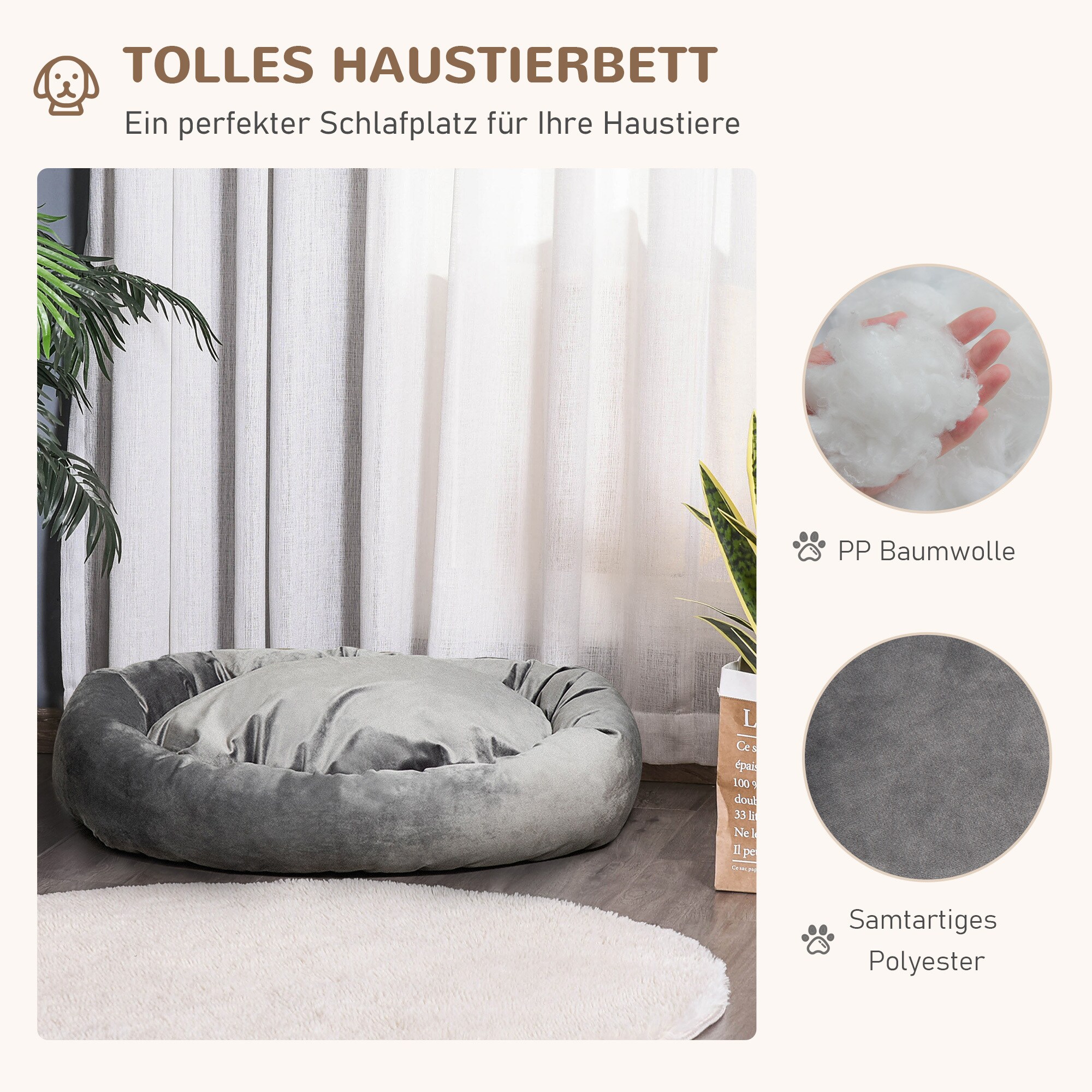 PawHut Haustierbett mit Samtoptik grau 81,5L x 58B x 18H cm