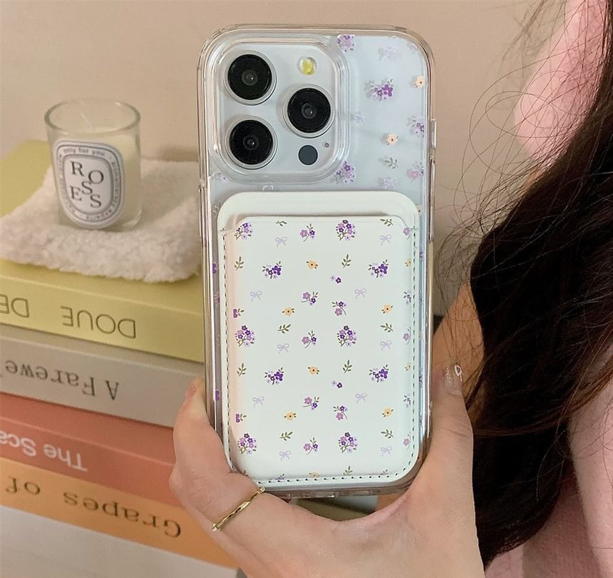 Karnemelk - Telefoonmagneethouder van imitatieleer met bloemenprint
