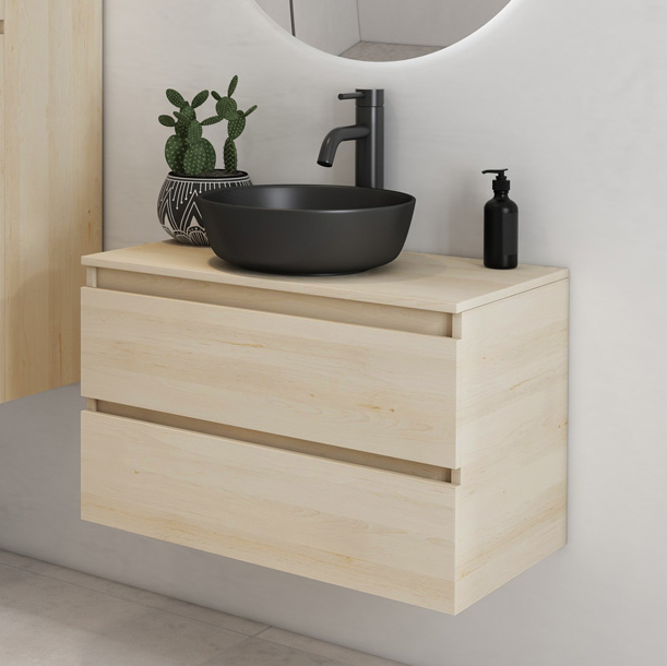 Fontana Proma badkamermeubel 80cm met zwarte waskom en LED spiegel beach eiken