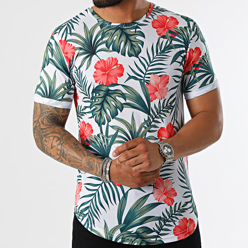Tee Shirt Oversize Slim Fit Imprimé Avec Revers 2455 Tropical Blanc Vert