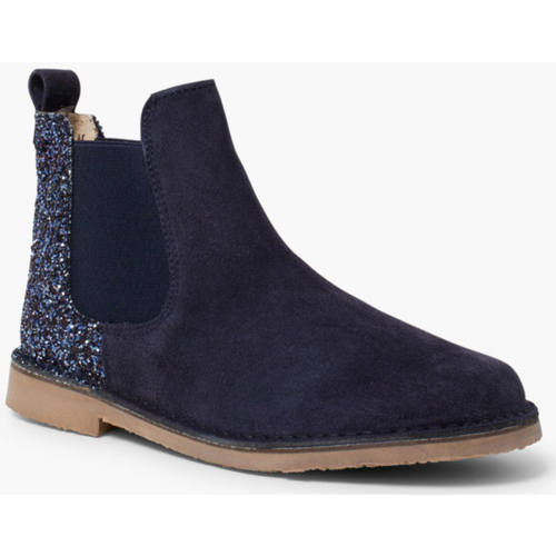 Pisamonas - Botines Niña Serraje con talonera glitter Azul