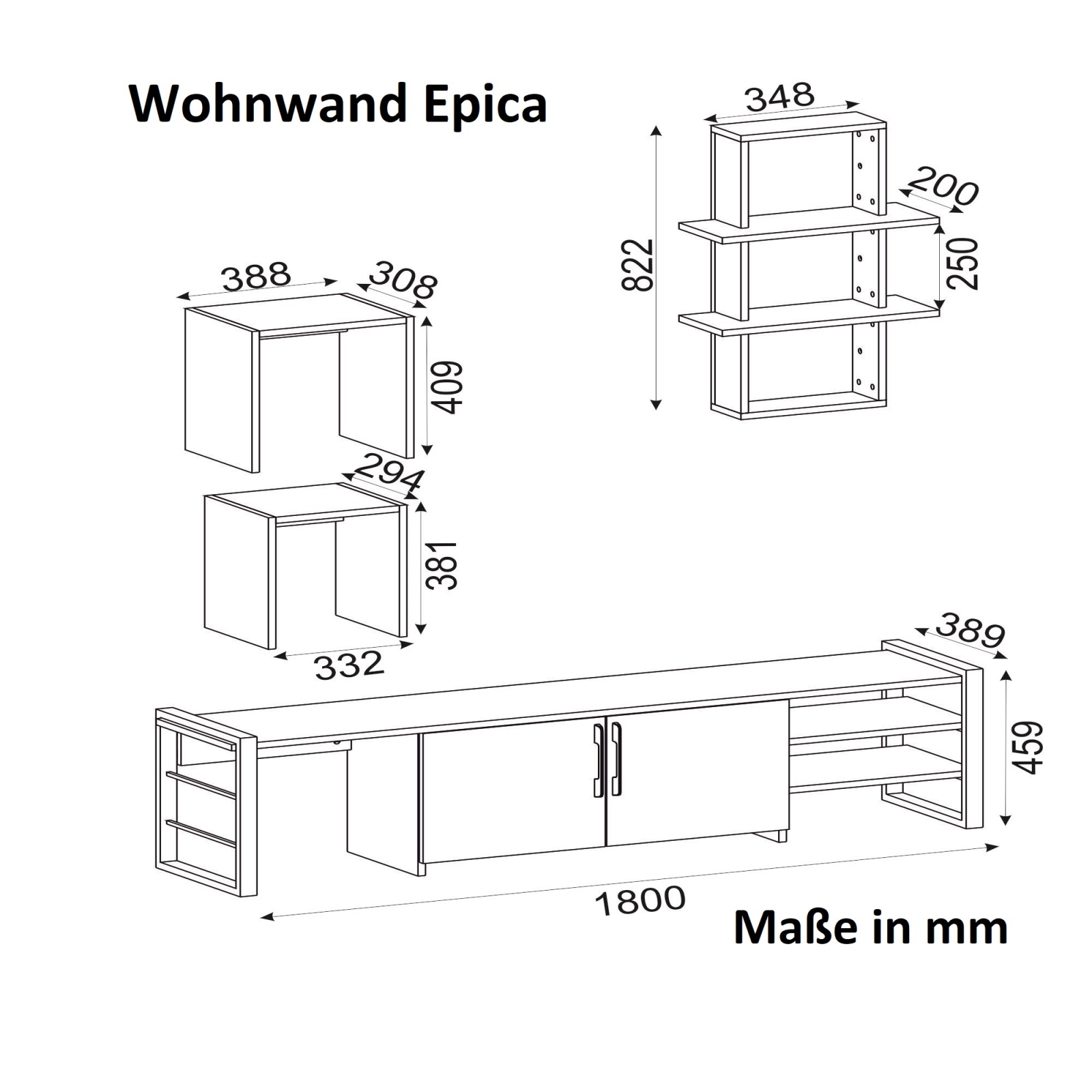 2-teilige Wohnwand - Walnuss-schwarz - 180 cm