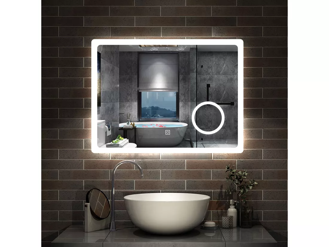 AICA 100x60cm miroir lumineux salle de bain LED anti-buée,tricolore avec loupe 3x, mémoire et dimmable