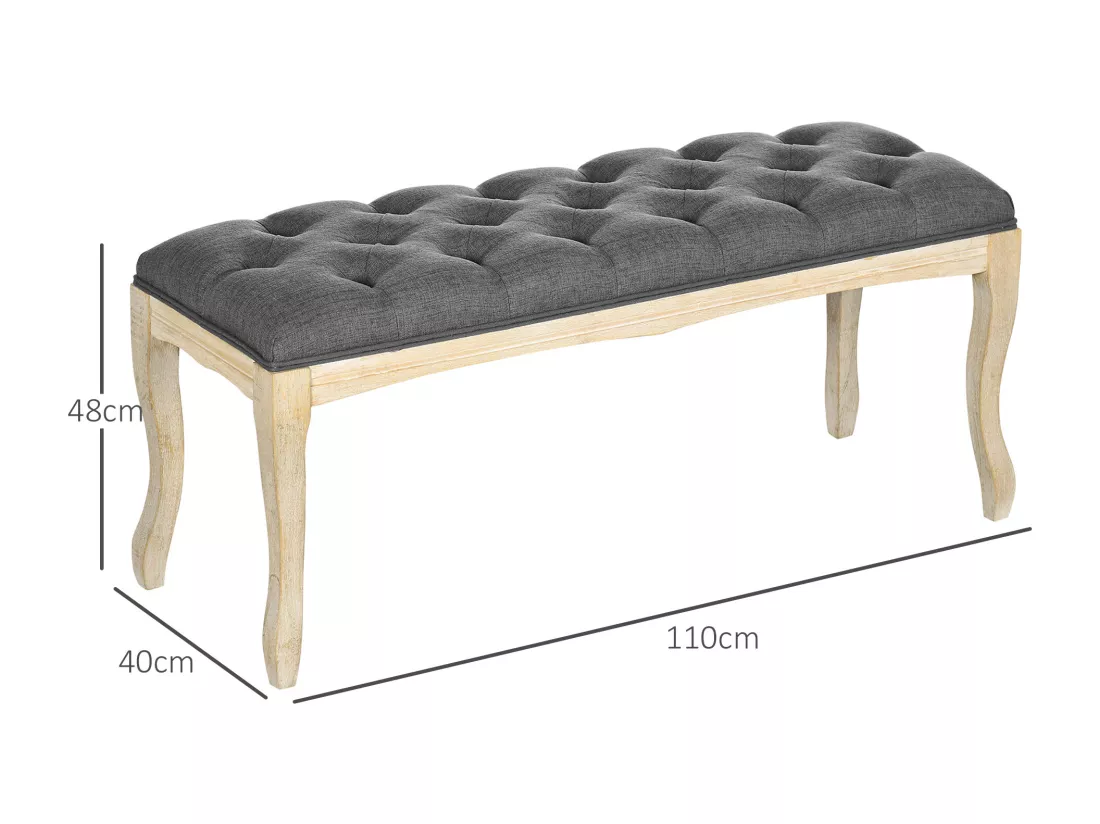 Banc banquette capitonnée style classique chic dim. 110L x 38l x 49H cm piètement bois hévéa sculpté lin gris