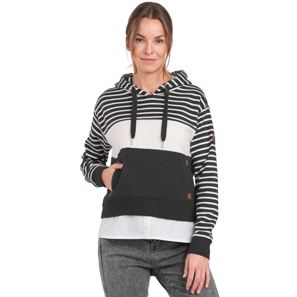 Gina Damen Sweatshirt mit Schalkragen dunkelgrau / creme