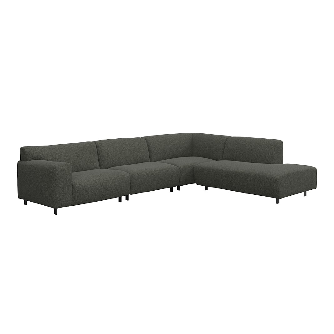 Vesta hjørnesofa 3-seter med åpen ende høyre, Big hjørnemodul, Tekstil Cortina Grey, standardsøm, sort metallben 10 cm, Comfort CM