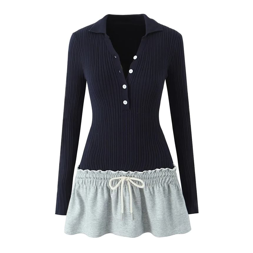 Asiris - Mock Two-Piece Long-Mouw Polo-Neck Two-Tone Ribbed Mini A-Line Jurk