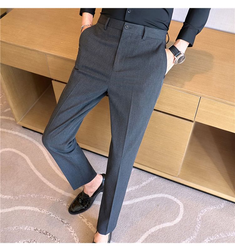 Lefitt - Mid Rise Plain Cropped Straight Leg Dress Pants