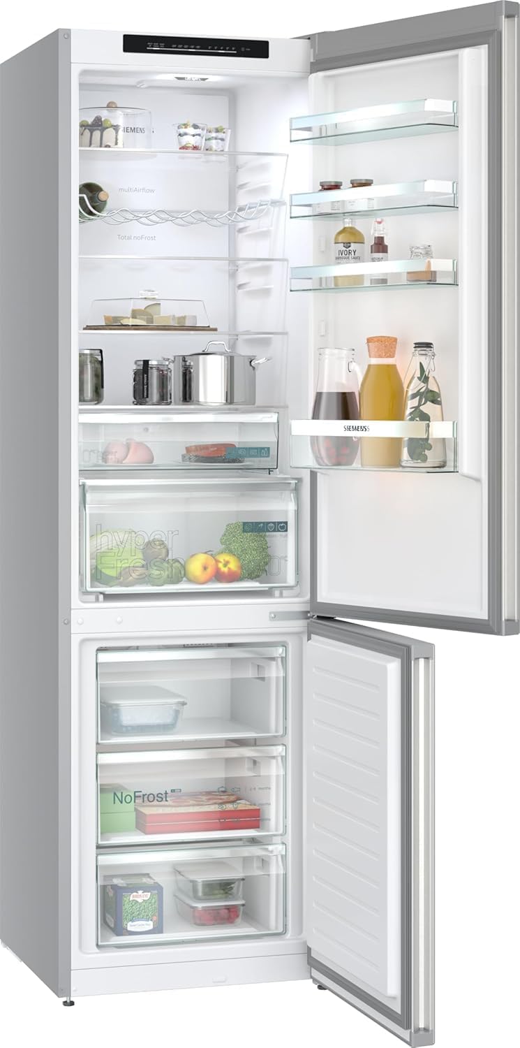 SIEMENS KG39N2IAG iQ300 Freistehende Kühl-Gefrier-Kombination, Gefrierbereich unten, 363 l, Total noFrost, hyperFresh, extrem leise, LED Beleuchtung, 203 x 60 cm, Gebürsteter Stahl AntiFingerprint