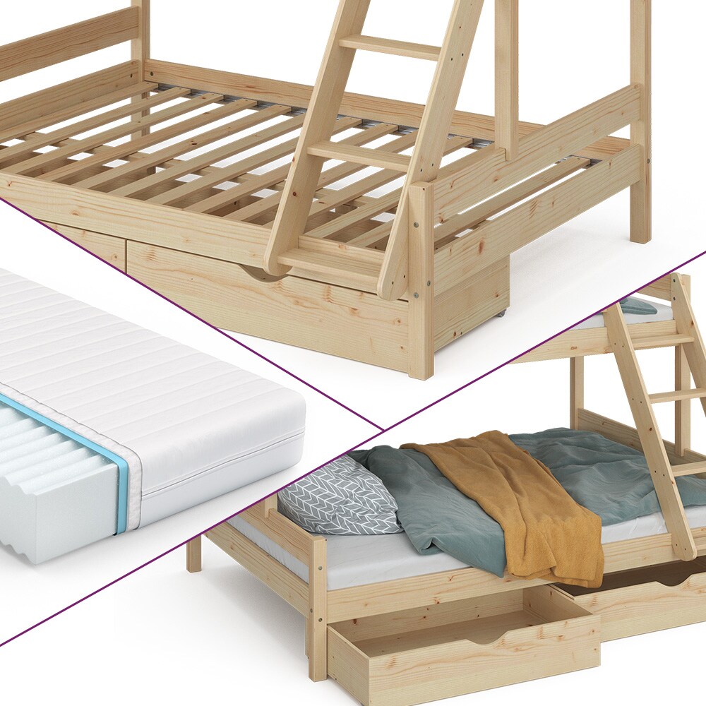 VitaliSpa Hochbett Kinderbett Spielbett Everest Natur modern 140x200 Massivholz Kinderzimmer Bett Lattenrost Bettleiter Kletterbett Doppelbett Geschwisterbett Bettschublade Rollschublade Matratze