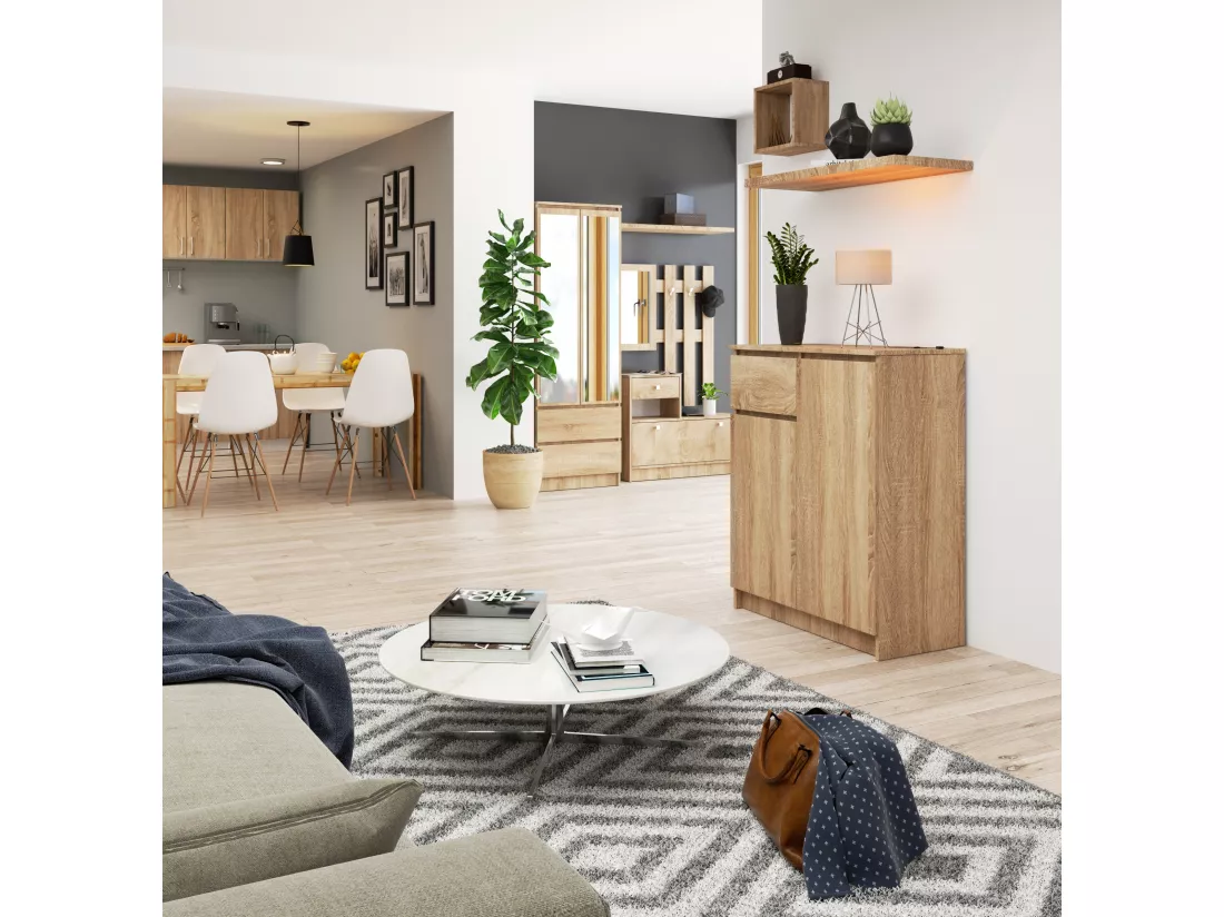 Commode AKORD K80 Chêne Sonoma 80 cm 2 portes 1 tiroir façade Chêne Sonoma 4 étagères 80x40x99 cm