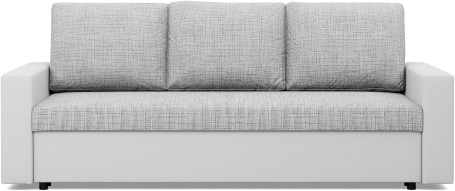 Mebligo - Sofa Dreisitzer Wohnzimmer mit Schlaffunktion, Bettkasten und Kunsteleder 220x92x92 (BxHxT) Grau und Weiß Luna, Schlafsofa Platzsparend, Schlafcouch, Sofabett, Sofa Bed, Bettsofa