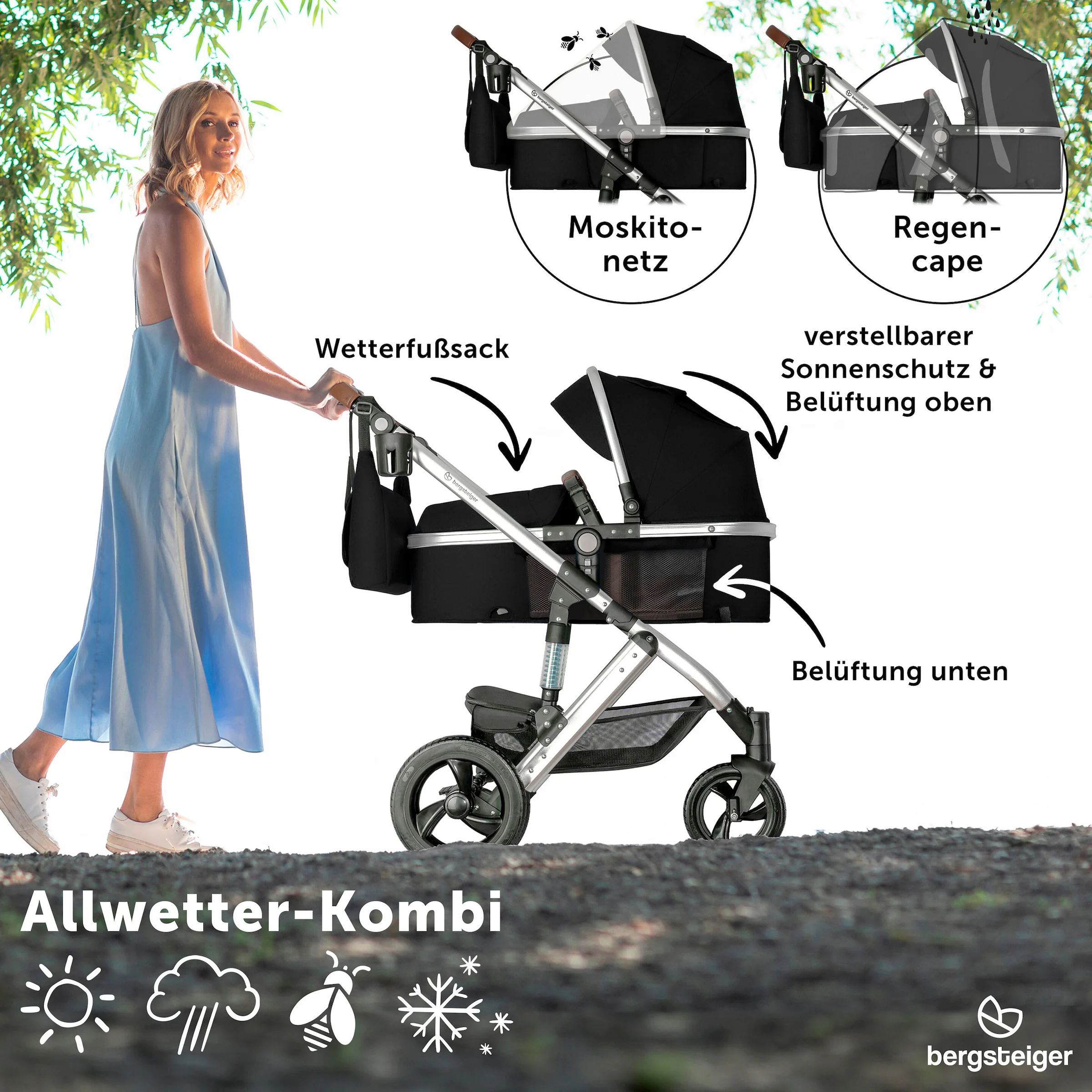 Bergsteiger Kinderwagen Nizza black | Gestell: silver